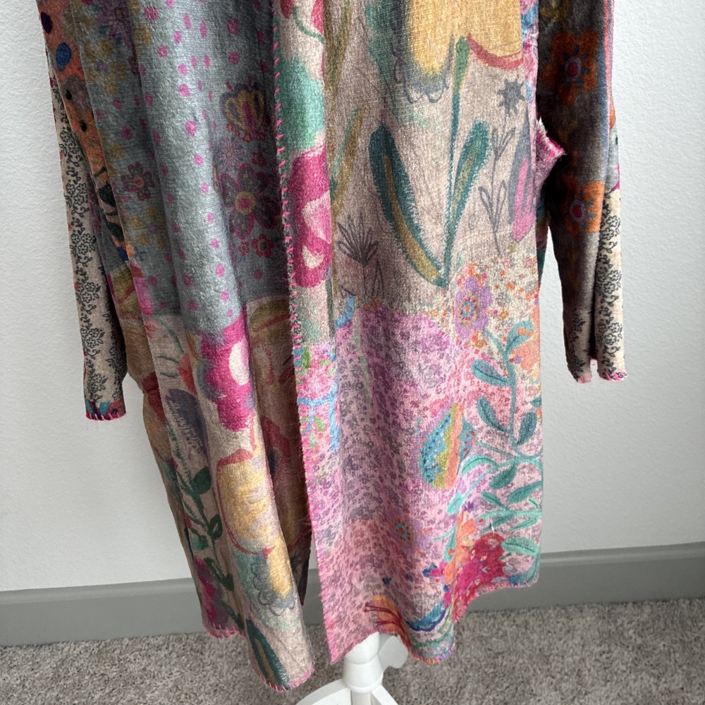 Natural Life Long Cozy Patchwork Blanket Kimono Pink Trim S/M Sherpa Lined Boho - Picture 2 of 16